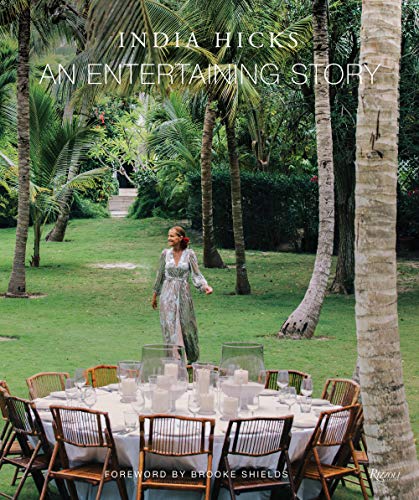 Book cover: woman in garden with dining table, palm trees.