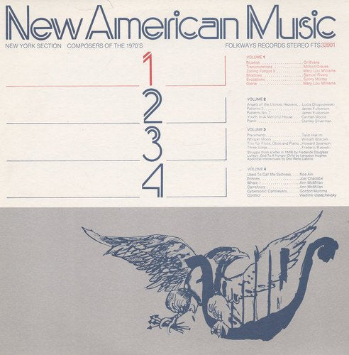 Record album cover with blue illustration of a harp and winged figure.