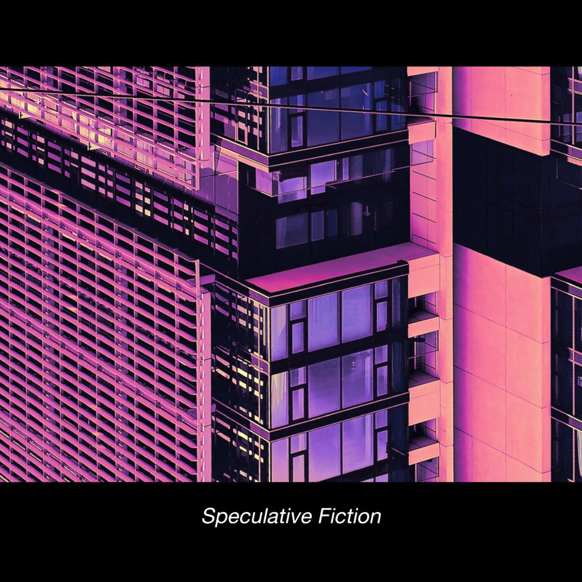 Futuristic cityscape in shades of purple and pink, with text below.