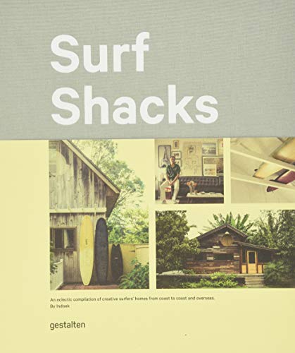 Book cover titled Surf Shacks featuring a collage of surf-themed home interiors and exteriors.