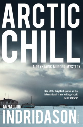 Book cover for Arctic Chill by Arnaldur Indriðason featuring a snowy landscape under dark clouds.