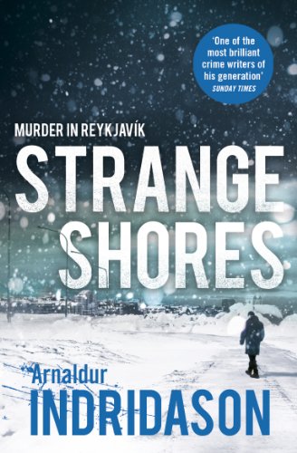Book cover: “Strange Shores” with snowy Icelandic landscape and lone figure.