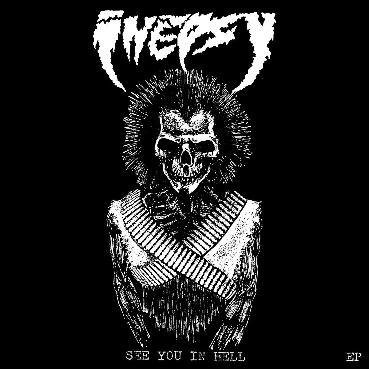 Black and white illustration of a skeletal figure with spiky hair.