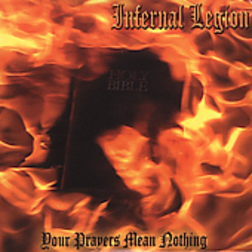 CD cover with flames, a burning Bible, and band name "Infernal Legion".