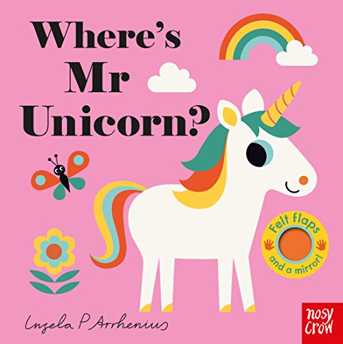Book cover featuring a white unicorn, a butterfly, a flower, and a rainbow.
