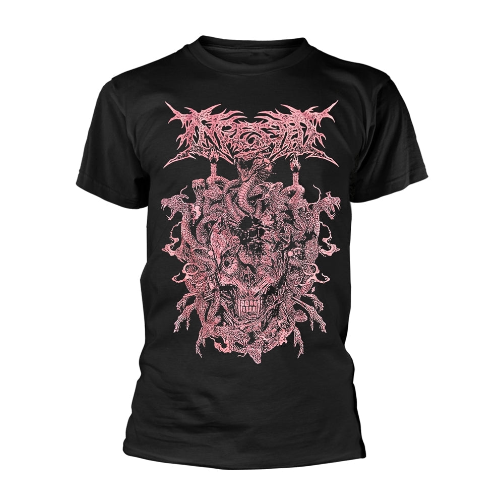 Black t-shirt with a pink, detailed Medusa illustration on the front.