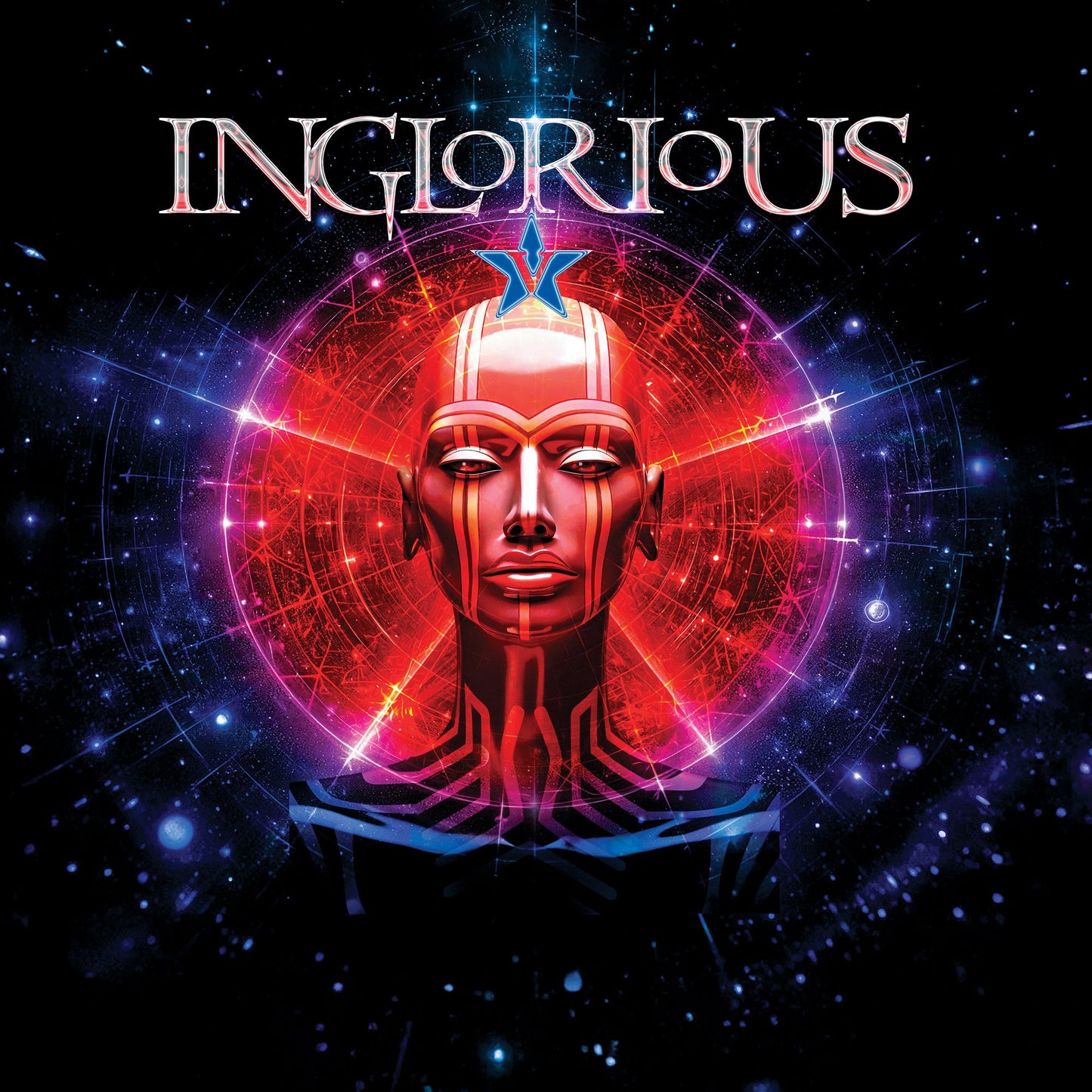 Album cover for "Inglorious - V" featuring a stylized, glowing face in space.