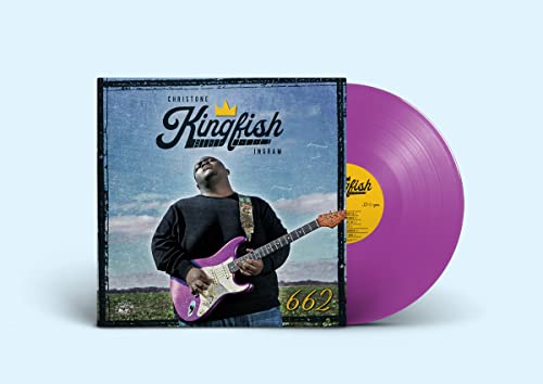 Christone Kingfish Ingram album cover with a purple vinyl record on a light background.
