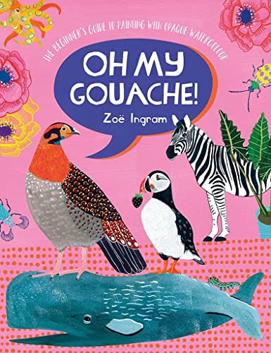 Book cover featuring a pheasant, puffin, zebra, and whale on a pink patterned background.