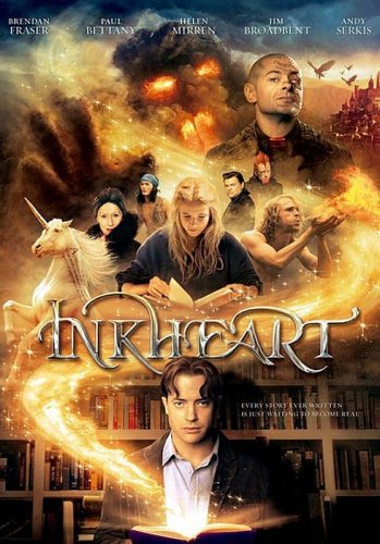 DVD cover for "Inkheart" featuring a man reading a glowing book amidst fantasy scenes.