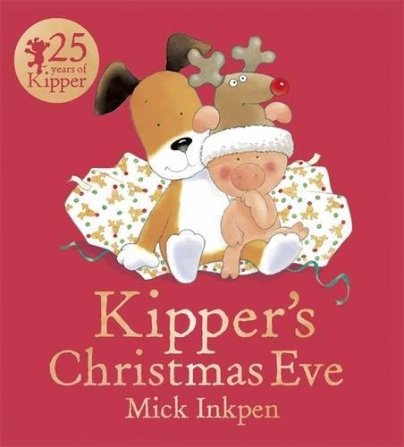 "Kipper the dog and a piglet in a festive blanket on a red background."