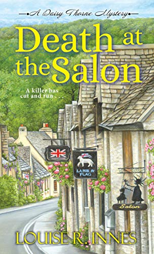 Book cover: “Death at the Salon” depicts a quaint village street scene.