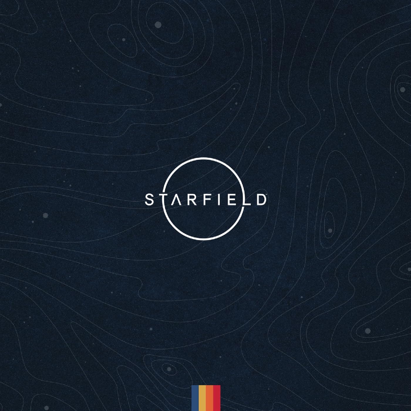 Dark blue album cover for āStarfieldā with white circular text and lines.