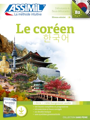 Korean language learning book "Le Coréen" with landscape imagery and audio download.