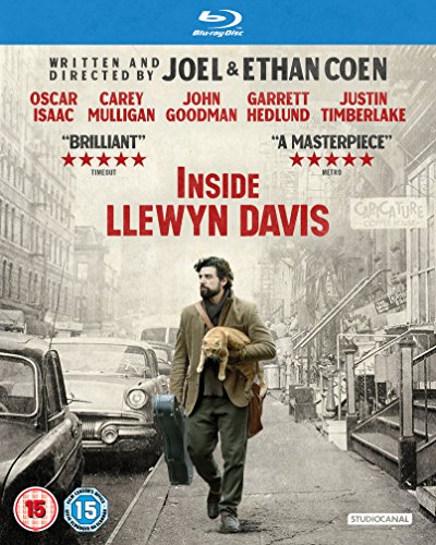 Inside Llewyn Davis" Blu-ray cover featuring Oscar Isaac with a cat.