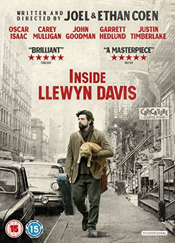 Movie poster for "Inside Llewyn Davis" featuring a man with a cat.