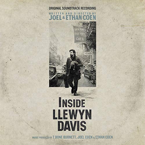 Album cover for "Inside Llewyn Davis" featuring a man walking down a city street.