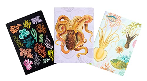 Three notebooks featuring embroidered under-the-sea designs including coral, an octopus, and a squid.