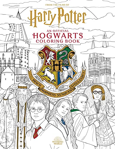 Line drawing of Harry Potter characters and Hogwarts castle on coloring book cover.