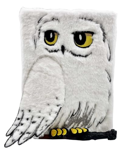 White plush journal featuring a Hedwig owl with yellow eyes on a black branch.