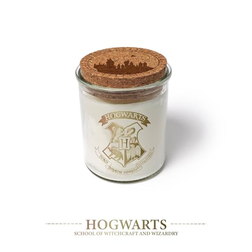 White Hogwarts candle in a glass jar with a cork lid.