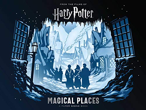 Layered papercraft scene of Hogsmeade village with Harry Potter characters.