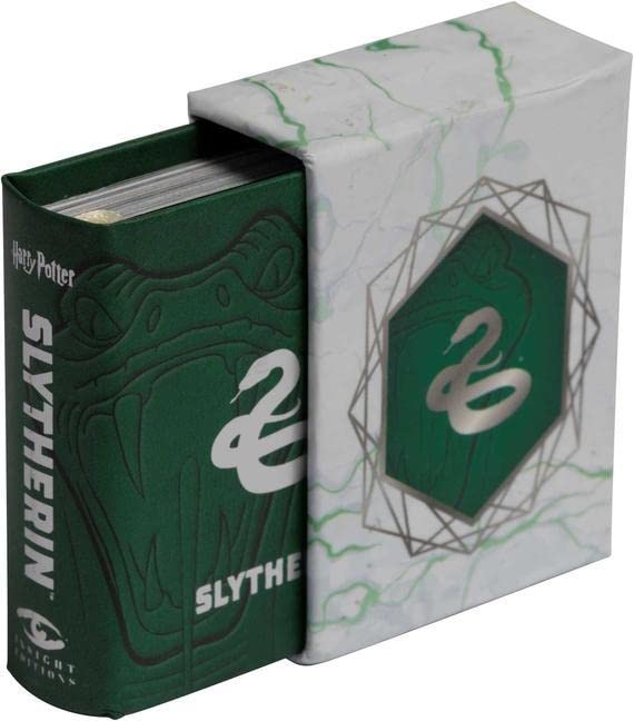 Small, green Slytherin house book with a silver snake emblem.