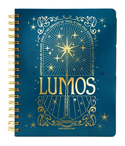 Blue Harry Potter planner with gold foil wand and “Lumos” text.