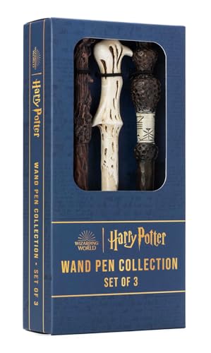 Blue box displaying three detailed wand-shaped pens from Harry Potter.