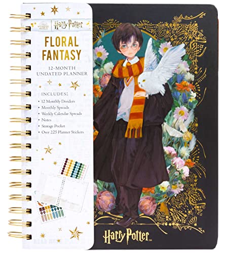 Spiral-bound Harry Potter planner featuring an anime-style illustration of Harry with Hedwig amid flowers.