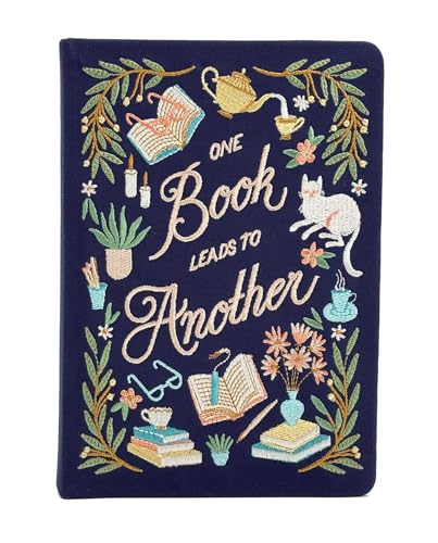 Dark blue journal cover with embroidered books, tea, and a cat.