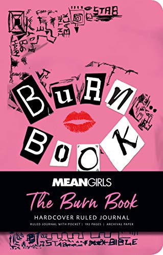 Pink journal cover with cut-out letters spelling “Burn Book” and lip image.