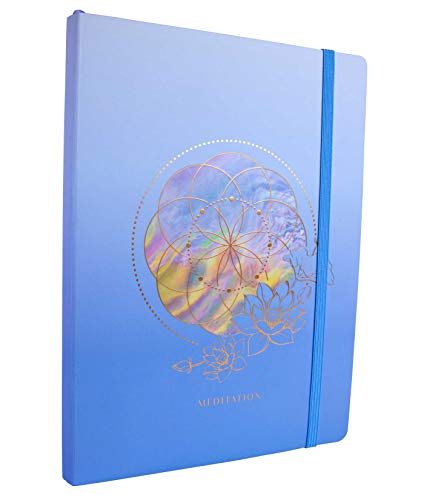 Blue notebook with gold foil floral design and elastic closure.