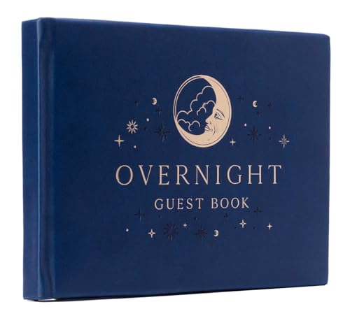Dark blue "Overnight Guest Book" with a moon and stars design.