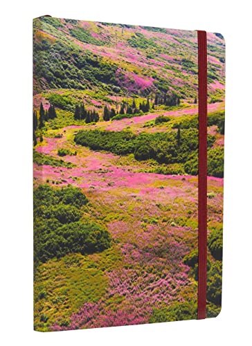 Notebook cover with a vibrant landscape of pink and green fireweed.
