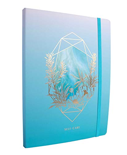Blue notebook with gold botanical illustration and elastic closure.
