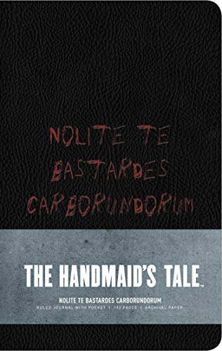 Black textured journal with red text reading Nolite te bastardes carborundorum and title banner below.