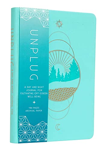Teal journal with gold foil design, titled “Unplug,” and forest illustration.