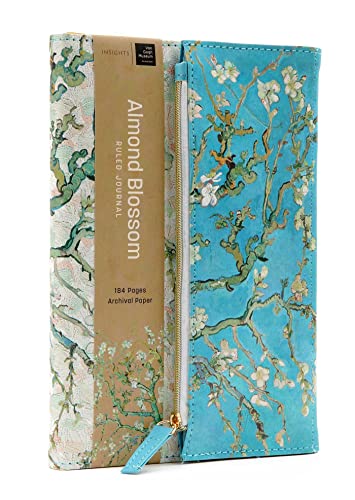 Blue journal with Van Gogh’s Almond Blossoms painting and a gold zipper.
