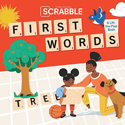 Scrabble "First Words" book cover with child, mother, and dog.