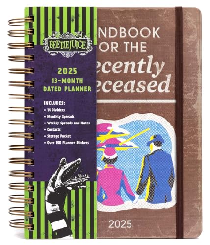 2025 Beetlejuice planner with striped cover and character illustration.