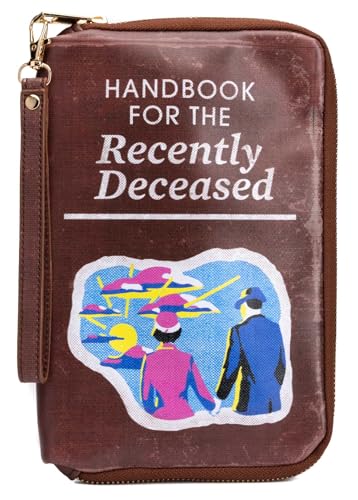 Brown pouch designed as a book cover with “Handbook for the Recently Deceased.”