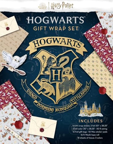 Hogwarts gift wrap stationery set featuring the school crest and patterned papers.