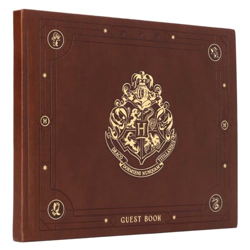 Brown Hogwarts guest book with gold crest and “Guest Book” text.