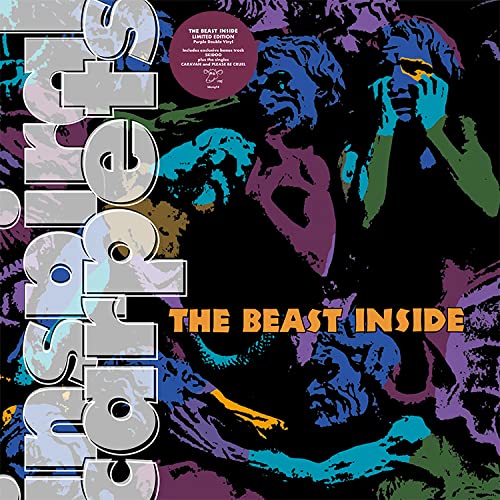 Vinyl album cover with stylized, colorful, abstract figures and large vertical text on left.