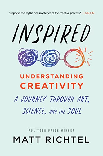Book cover: "Inspired" with colorful scribbles and sun illustration.
