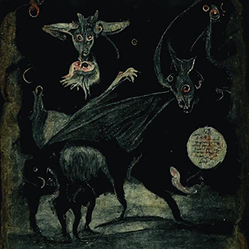 Dark, textured painting of grotesque, winged demonic figures against a black background.