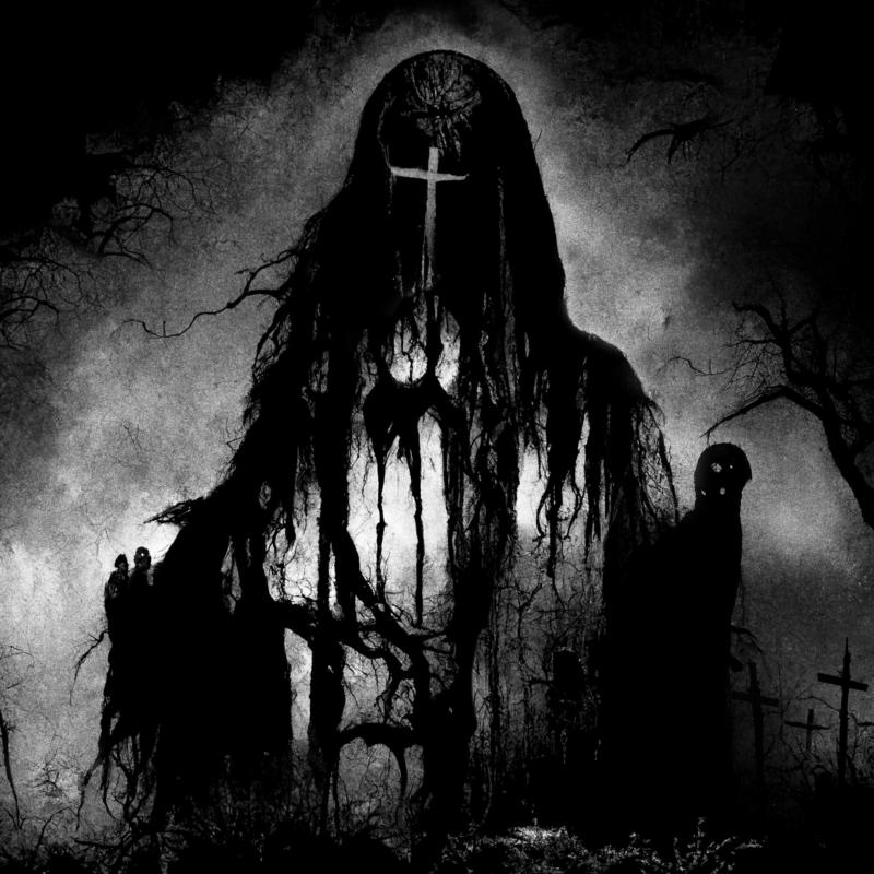 Black and white image of a hooded figure in a desolate graveyard.