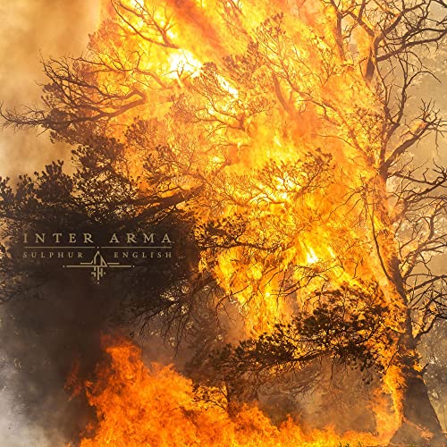 A large tree engulfed in bright orange flames with text reading Inter Arma Sulphur English.