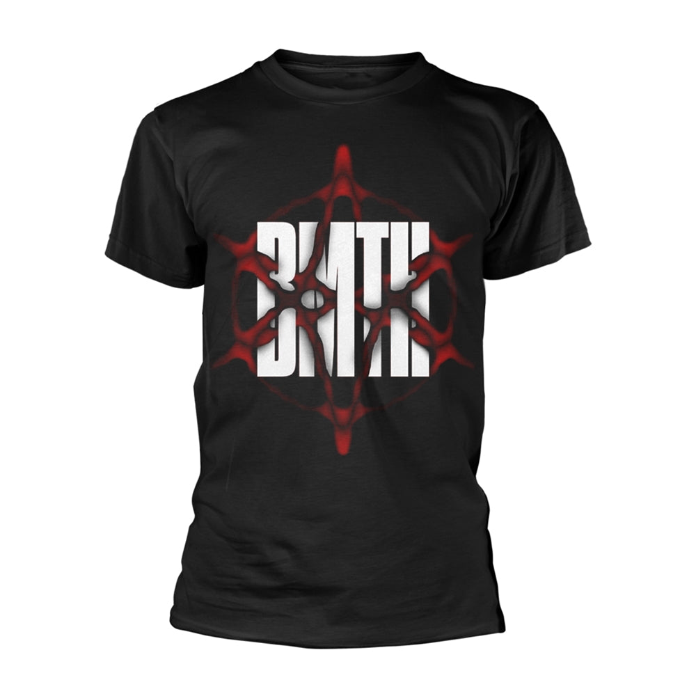 Black t-shirt with white and red geometric design on the chest.